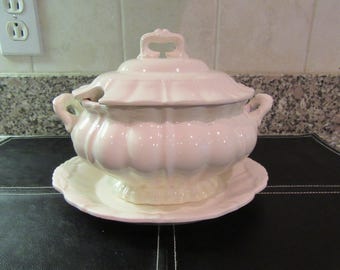 Vintage white ironstone gravy or sauce tureen with cover and under plate- Japan