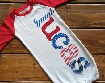 Personalized Newborn Gown Boy, Hospital Going Home Outfit, Baby Boy Gift, Nautical Theme Baby Shower Gift, Newborn Outfit, Personalized Gift