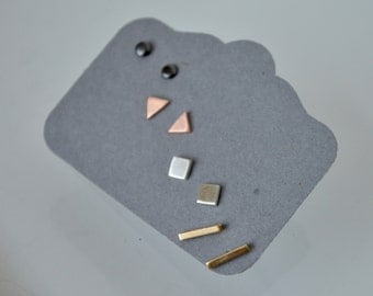 Mixed Metal Stud Earrings, Brass, Copper, Silver, Black Post Earrings, Multi Color Earrings, Geometric Earrings, Set of Four Earrings, Brass