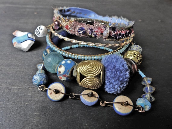 Rustic bangle stack in shades of blue. Beaded stitched textile bohemian bracelet set- "Sea So Deep"