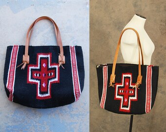vintage 80s Navajo Rug Tote Bag - 1980s Large Southwestern Shoulder Bag Western Wool Tapestry Bag