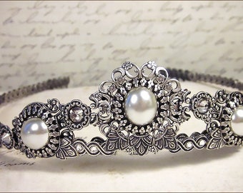 Silver Bridal Tiara, White Pearl, Renaissance Wedding, Medieval, Ren Faire, Festival, Tudor Costume, Bridal Headpiece, Choose a Color