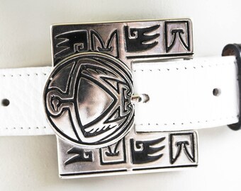 Ginnie Johansen Vintage 80's Southwestern Black and White Leather Belt with Silver Accent