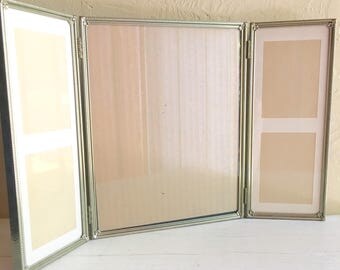 Unique Large Tri-fold Gold Metal Hinged Picture Frame Tryptich Triple with Matting