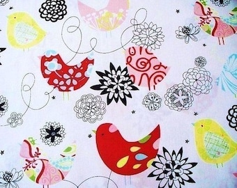 SALE FABRIC - Starling in Natural - Alexander Henry Fabric - 100% Cotton Fabric - Starling Birds Fabric - Starling Fabric - Red, Blue Birds