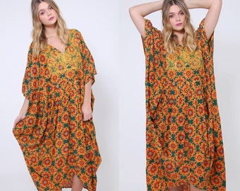 Vintage 80s ETHNIC Caftan EMBROIDERED Boho Caftan PRINTED Hippie Maxi Dress Festival Dress