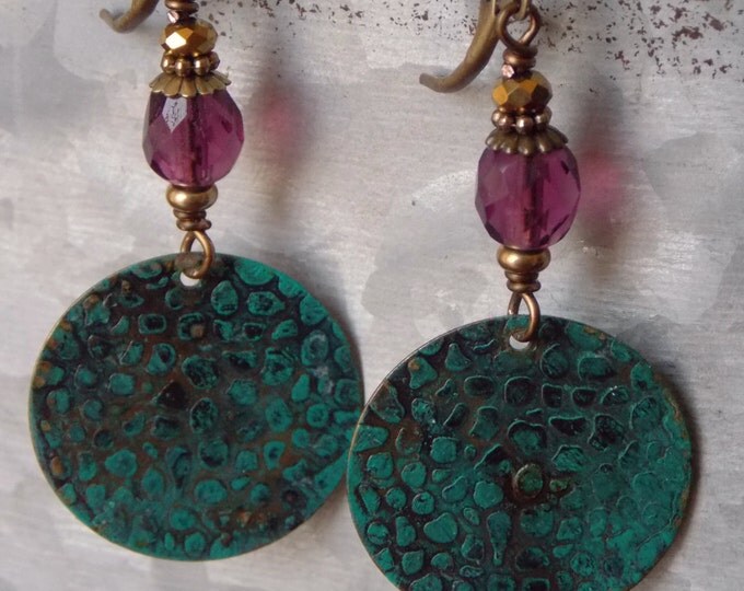 Patina Earrings Czech Glass Brass Metal Embossed Boho Earrings Purple Teal Textured Patina Brass Rustic Woodland Earrings