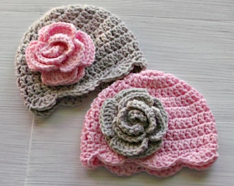 Twin Flower Hats, Crochet Baby Girl Hat, Twin Girl Gifts, Twin Photo Props, Pink and Gray Baby Hats for Girls