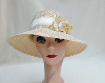 Summer Cloche Hat With Flower Trim / Downton Abbey Inspired Cloche Hat / Beige Cloche Hat / Vintage Inspired Cloche Hat / Straw Cloche Hat