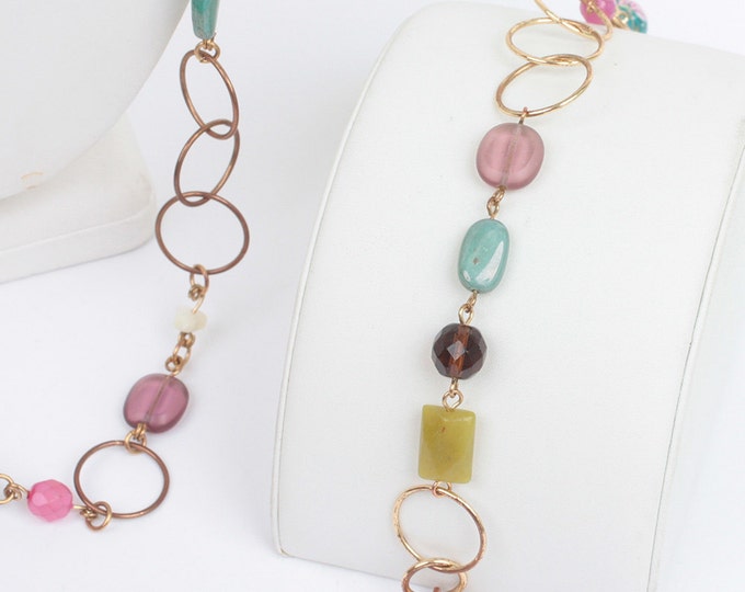 Pink Olive Teal Necklace Set Bracelet Earrings Rosebuds Gold Tone Circles Signed Cookie Lee Vintage