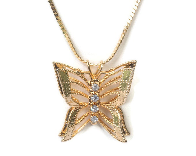 Butterfly Filigree Pendant Necklace Rhinestones Vintage