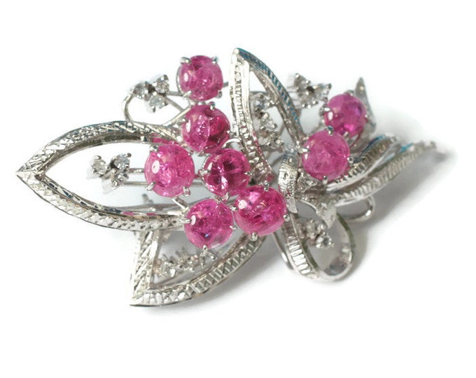 Ruby Cabochon Brooch Silver Plated with Crystals Vintage Signed