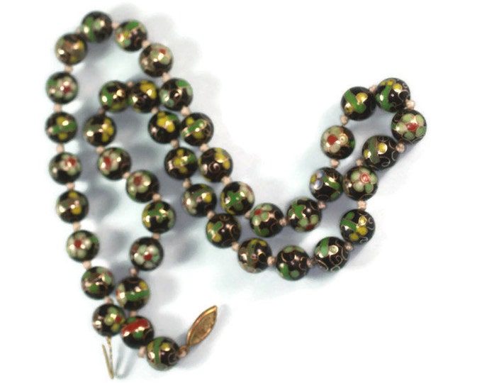 Green and Black Cloisonne Bead Necklace Porcelain Beads Vintage