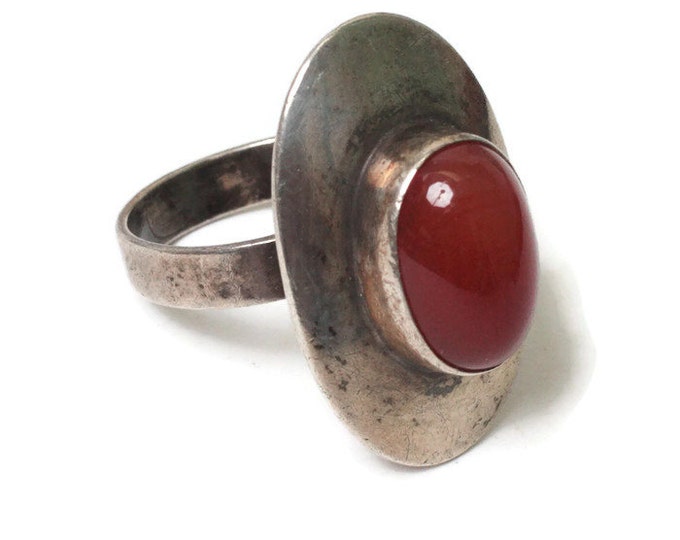 Sterling and Carnelian Modernist Ring Bezel Setting Size 6