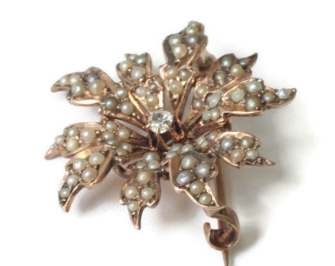 CIJ Sale Victorian 10K Gold Pin Seed Pearls Diamond Starburst Antique Pin