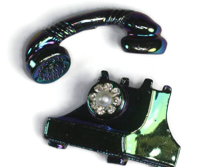 Rotary Telephone Scatter Pin Set Rhinestone and Faux Pearl Dial Iridescent Finish Vintage