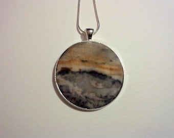 Naturally Dyed Ecoprint Silk Pendant Landscape in Rust Brown, Dark Greys and Black