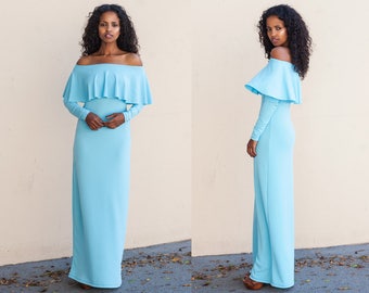 Sky Blue Ruffle Off Shoulder Maxi Dress XS S M L XL XXL