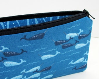 Narwhal Zippered Pencil Pouch, Deep Teal Ocean, Zip Bag