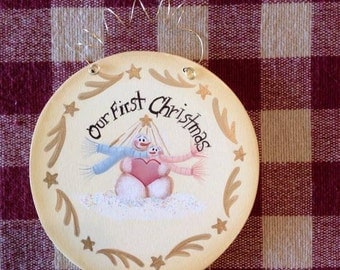 Hand Painted Our First Christmas Round Wood Christmas Ornament