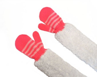 Childrens Long Mittens, toddler mittens, baby mittens, hot pink mittens, white