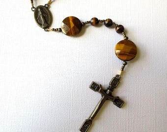 Brown Tiger Eye Rosary, Catholic Rosary with Miraculous Medal Center and Risen Christ Crucifix