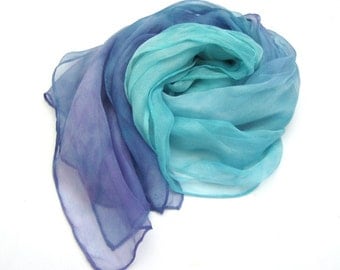 Peacock fashion ombre Purple Turquoise long mousseline hand painted dyed feminine luxury silk scarf for women