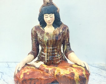 Ceramic Figure Sculpture, Monkey Mind, Sitting Woman in Meditation, Half Lotus Posture, Yoga Art