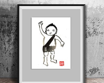 Jizo, Zen Baby Buddha, Jizo Buddha, Original Zen Art Sumi e Ink Painting, zen decor, nursery childrens room art, japanese illustration, tao