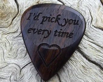 Wood Guitar Pick - Premium Handmade Quality - Exotic Yucatan Ziricote - Laser Engraved On Each Side - No Stock Photos - Actual Pick