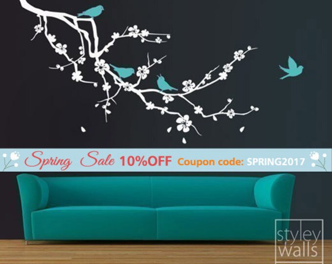 Cherry Blossom Branch and Birds Wall Decal, Cherry Blossom Branch Wall Sticker, Cherry Branch and Birds Wall Decal for Home DecorEXTRA LARGE