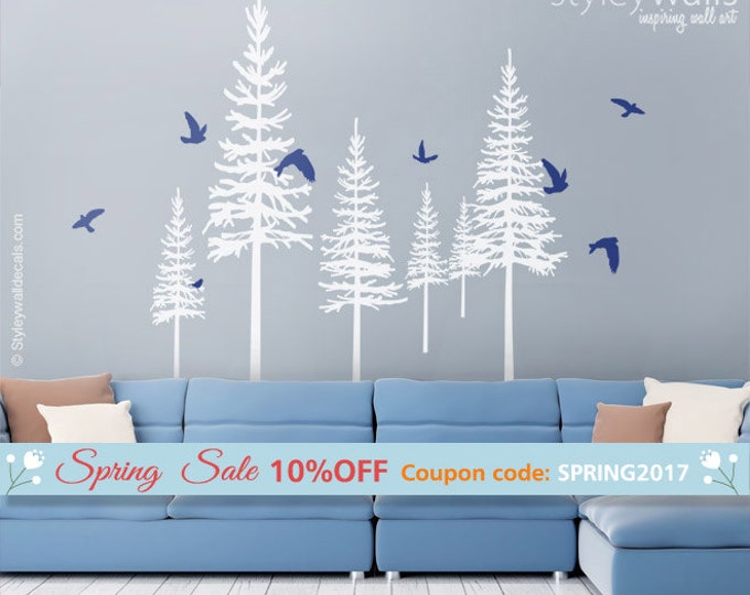 Pine Trees Winter Trees Wall Decal, Pine Trees and Birds Wall Decal for Living Room Home Decor, Fir Trees Wall Decal