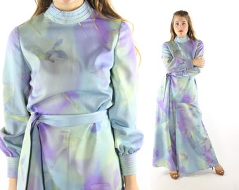 Vintage 70s Palazzo Pants Long Sleeve Blouse High Waisted Trousers Blue Purple Abstract 1970s Top Shirt Medium M