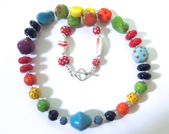 Kazuri Bead Necklace, Rainbow Colored Necklace, Fair Trade Beads, Ceramic Jewelry