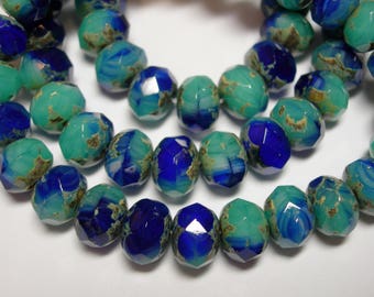 25 8x6mm Blue Lagoon Green Blue Mix Czech Glass Picasso Rondelle beads