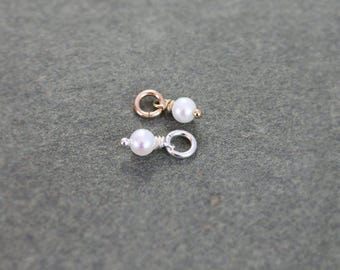 Tiny White Freshwater Pearl Charm, Sterling Silver or 14k Gold Filled June Birthstone Pendant, - Add a Dangle