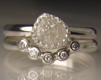 Raw Diamond Engagement Set, White Raw Diamond Ring, Rough Diamond Ring