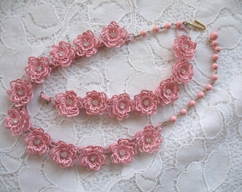 Vintage Enamel & Rhinestone Flower Necklace and Bracelet Set ~ Pink Flowers