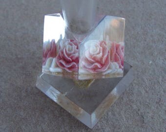 Lucite pen holder with encased flower and pedestal