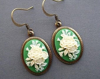 Cameo Earrings - Victorian Earrings - Flower Jewelry - Victorian Jewelry - Flower Earrings - Green Earrings - Romantic Jewelry - Spring