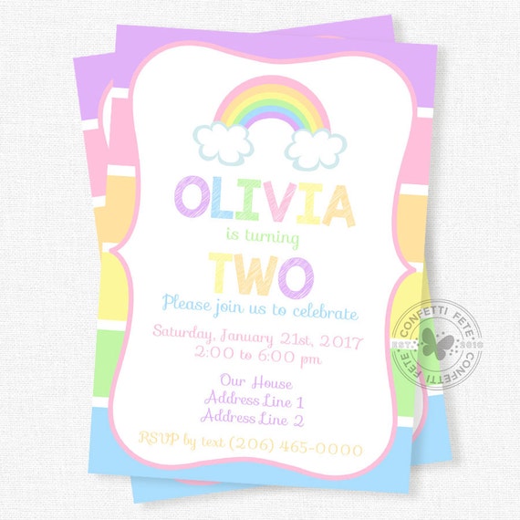 Rainbow Birthday Invitation Pastel Rainbow Invitation