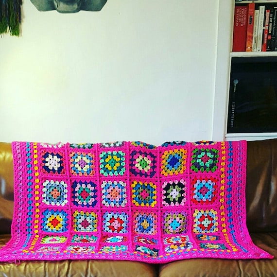 IN STOCK Striking Granny Squares Shocking Pink BLANKET Afghan Crochet Sofa Throw