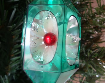 Vintage Jewel Brite Green Hard Plastic Christmas Ornament With A Poinsettia