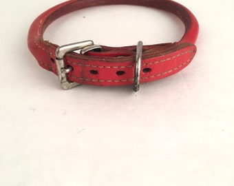 Red Leather Vintage Small Dog Collar Rolled Leather 70s Vintage Animal Neck Collar
