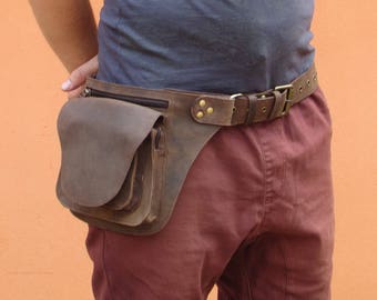 Leather Utility Belt, Leather Belt Bag, Hip Bag, Pouch Belt, Pocket Festival Belt in Brown- HB19K * Free Shipping*