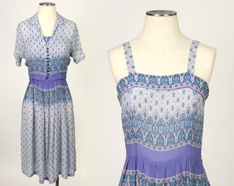 vintage 1940s dress • deco design blue sundress & class button jacket