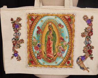 Virgen de Guadalupe, XL Creme Canvas Tote Bag, Fabric Applique, Mother of Mexican, Mexican Bohemian