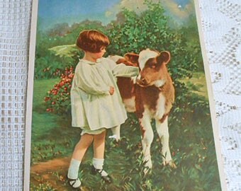 2 PEACEFUL COUNTRY SCENES Litho Prints in 1, Sweet Girl & Calf, Thatched River Cottage and Rose Garden, Vintage 1920 Salesman Sample 8 x 10