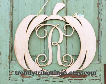 SALE- ready to ship- letter R- Pumpkin Monogram- 1 available- Wooden Monogram Letter- Interlocking Script, Door Hanger Wreath- FREE shipping