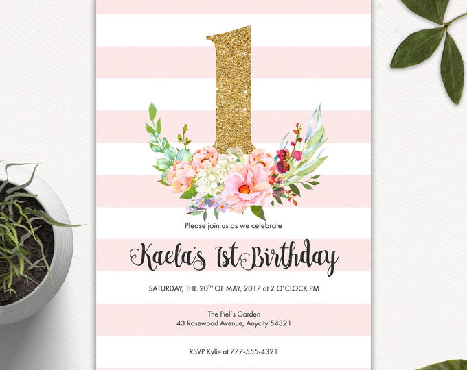 Gold Birthday Invitation, Pink and Gold Invitation, Gold Numbers, Gold and Floral, First Birthday Invitation, Printable Invitation